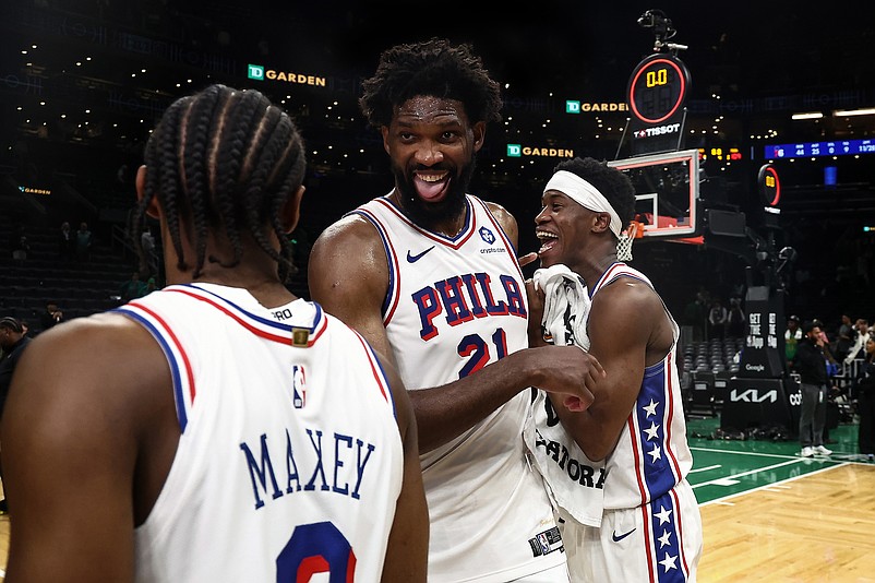 May 2, 2026; Boston, Massachusetts, USA; Philadelphia 76ers center Joel Embiid (21) celebrates with guard Tyrese Maxey (0) and guard Vj Edgecombe (77)] following their win over the Boston Celtics in game seven of the first round of the 2026 NBA Playoffs at TD Garden. Mandatory Credit: Winslow Townson-Imagn Images