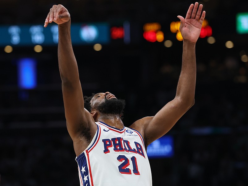 May 2, 2026; Boston, Massachusetts, USA; Philadelphia 76ers center Joel Embiid (21) looks up after missing a foul shot against the Boston Celtics during the second quarter of game seven of the first round of the 2026 NBA Playoffs at TD Garden. Mandatory Credit: Winslow Townson-Imagn Images