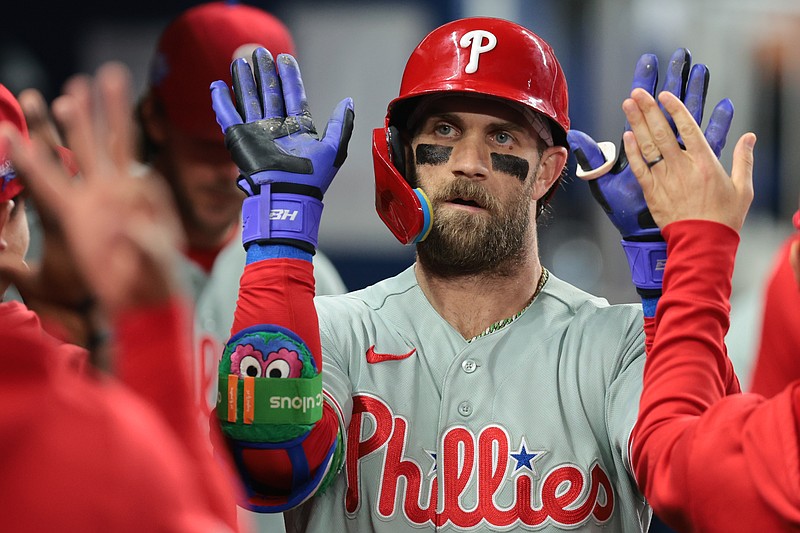 May 4, 2026; Miami, Florida, USA; Philadelphia Phillies first baseman Bryce Harper (3) celebrates after hitting a home run against the Miami Marlins during the third inning at loanDepot Park. Mandatory Credit: Sam Navarro-Imagn Images