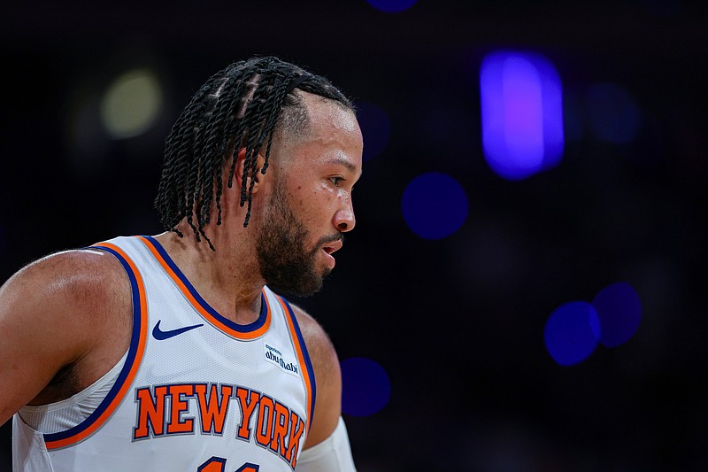 Apr 18, 2026; New York, New York, USA; New York Knicks guard Jalen Brunson (11) reacts during the second half of the 2026 NBA Playoffs against the Atlanta Hawks at Madison Square Garden. Mandatory Credit: Vincent Carchietta-Imagn Images