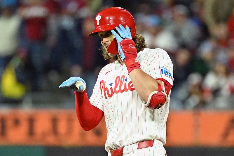 Apr 28, 2026; Philadelphia, Pennsylvania, USA; Philadelphia Phillies third baseman Alec Bohm (28) celebrates his RBI double against the San Francisco Giants during the sixth inning at Citizens Bank Park. Mandatory Credit: Eric Hartline-Imagn Images