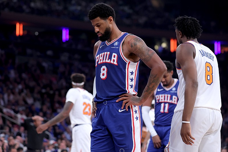 May 4, 2026; New York, New York, USA; Philadelphia 76ers forward Paul George (8) reacts during the first quarter of game one of the eastern conference semifinal round of the 2026 NBA Playoffs against the New York Knicks at Madison Square Garden. Mandatory Credit: Brad Penner-Imagn Images