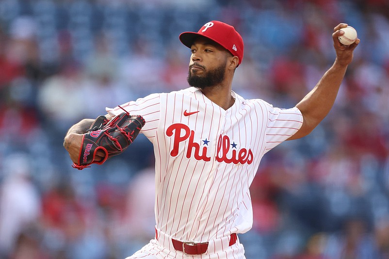 May 5, 2026; Philadelphia, Pennsylvania, USA; Philadelphia Phillies pitcher Cristopher Sanchez (61) throws a pitch against the Athletics during the first inning at Citizens Bank Park. Mandatory Credit: Bill Streicher-Imagn Images