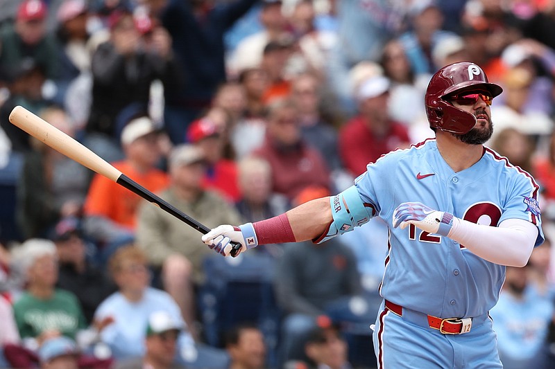 Apr 30, 2026; Philadelphia, Pennsylvania, USA; Philadelphia Phillies left fielder Kyle Schwarber (12) hits a home run during the first inning against the San Francisco Giants at Citizens Bank Park. Mandatory Credit: Bill Streicher-Imagn Images