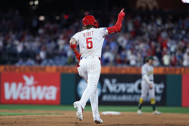 May 5, 2026; Philadelphia, Pennsylvania, USA; Philadelphia Phillies second baseman Bryson Stott (5) runs the bases on a two RBI home run against the Athletics during the seventh inning at Citizens Bank Park. Mandatory Credit: Bill Streicher-Imagn Images
