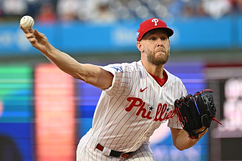 May 6, 2026; Philadelphia, Pennsylvania, USA; Philadelphia Phillies pitcher Zack Wheeler (45) throws a pitch against the Athletics during the second inning at Citizens Bank Park. Mandatory Credit: Eric Hartline-Imagn Images