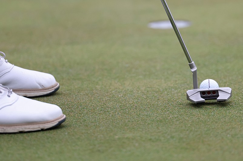 Jun 8, 2025; Gainesville, Virginia, USA; A view of the putter and ball of Martin Kaymer of team Cleeks Golf Club on the fourth green during the final round of the LIV Golf Virginia golf tournament at Robert Trent Jones Golf Club. Mandatory Credit: Geoff Burke-Imagn Images