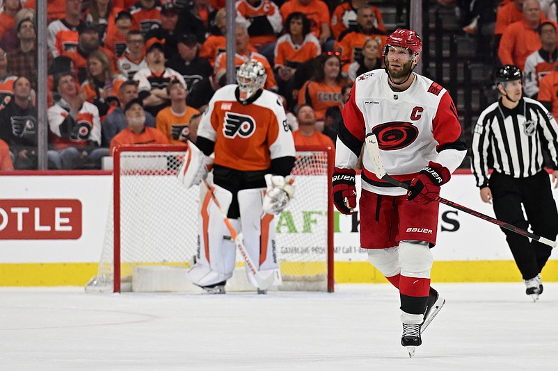 May 7, 2026; Philadelphia, Pennsylvania, USA; Carolina Hurricanes center Jordan Staal (11) celebrates his goal against the Philadelphia Flyers during the first period in game three of the second round of the 2026 Stanley Cup Playoffs at Xfinity Mobile Arena. Mandatory Credit: Eric Hartline-Imagn Images