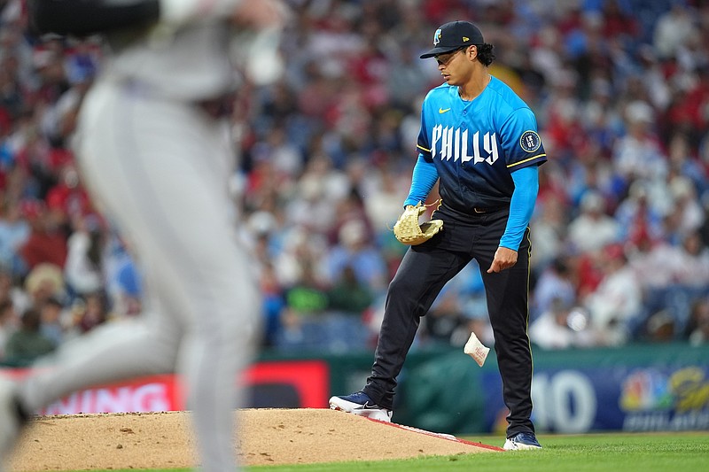 May 8, 2026; Philadelphia, Pennsylvania, USA; Philadelphia Phillies starting pitcher Jesus Luzardo (44) reacts after allowing a walk against the Colorado Rockies in the fourth inning at Citizens Bank Park. Mandatory Credit: Kyle Ross-Imagn Images