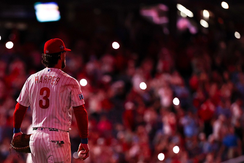 May 5, 2026; Philadelphia, Pennsylvania, USA; Philadelphia Phillies first baseman Bryce Harper (3) looks on during a ninth inning light show in a game against the Athletics at Citizens Bank Park. Mandatory Credit: Bill Streicher-Imagn Images
