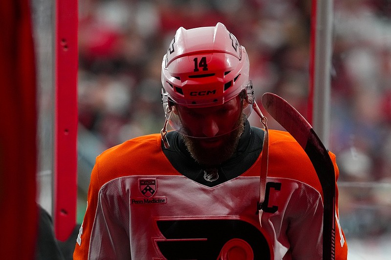 May 2, 2026; Raleigh, North Carolina, USA; Philadelphia Flyers center Sean Couturier (14) comes off the during the warmups Carolina Hurricanes at Lenovo Center. Mandatory Credit: James Guillory-Imagn Images