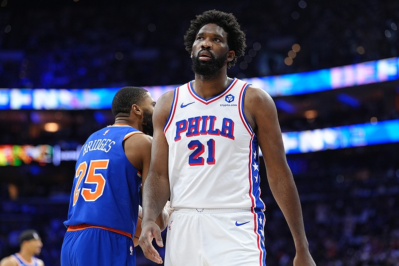 May 10, 2026; Philadelphia, Pennsylvania, USA; Philadelphia 76ers center Joel Embiid (21) reacts against the New York Knicks in the first quarter during game four of the second round of the 2026 NBA Playoffs at Xfinity Mobile Arena. Mandatory Credit: Kyle Ross-Imagn Images