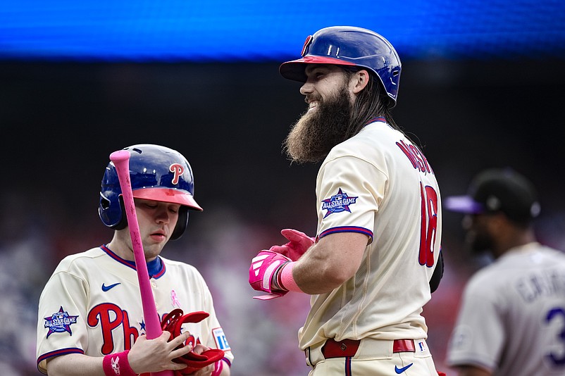 May 10, 2026; Philadelphia, Pennsylvania, USA; Philadelphia Phillies left fielder Brandon Marsh (16) reacts after hitting a single against the Colorado Rockies during the eighth inning at Citizens Bank Park. Mandatory Credit: John Jones-Imagn Images