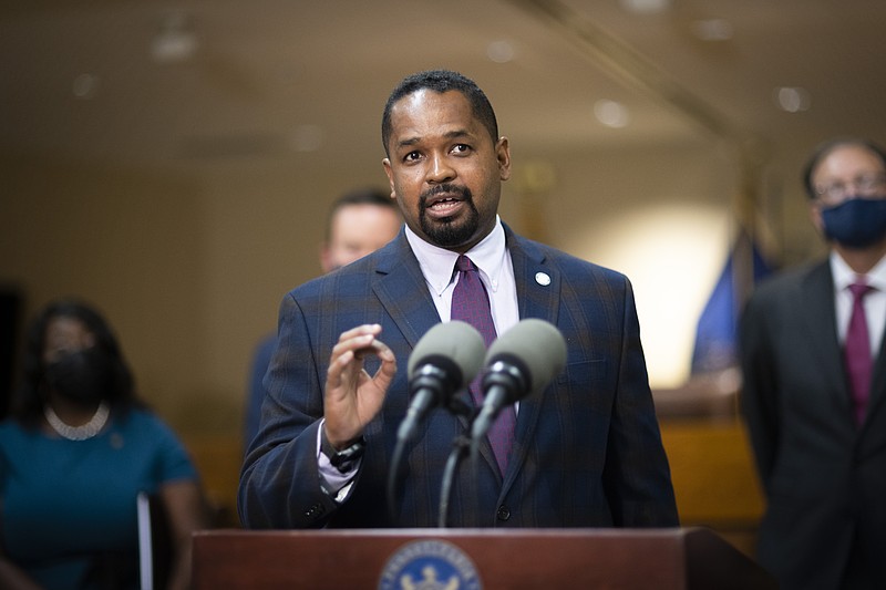 Senator Sharif Street speaking to the press.  Governor Tom Wolf was joined by Delaware County leaders today to denounce efforts by Harrisburg Republicans to pass a bill disguised as election reform that is really about restricting the freedom to vote in retaliation for the outcome of the November election. The bill creates new barriers to register to vote and for voting by mail or in-person and rolls back significant progress from the landmark, bipartisan election reforms in Act 77 enacted in 2019.  Media, PA –  June 17, 2021