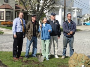 Shade Tree Committee members Joe Clark, Steve Wajda, Mary Lou Hayes, Rick Mendham and Mike Lehman help plant at thundercloud plum at a public intersection near the Northpoint Lagoon.