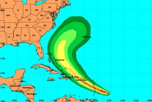 An early model for the probability of tropical storm force winds (39 mph or greater) from Tropical Storm Bertha. Yellow represents a 40 percent chance.