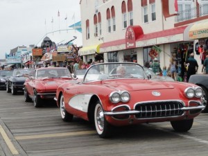 A few of the 475 Corvettes that participated in the Ocean City, NJ Corvette Show on Sunday drive onto the Boardwalk for the annual event.