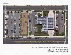 One proposed location for a new skate park is overlaid on this satellite image, which shows the Ocean City Fire Department (right), the Clothes Closet (just to the right of the park) and existing parking (left).