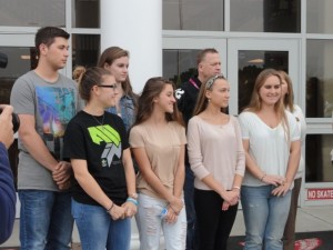 Student scientists explaining their space experiment at a news conference in October 2014 include (from left) Dan Loggi, Lauren Bowersock, Alison Miles, Kaitland Wriggins, Mercy Griffith and Kristina Redmond.