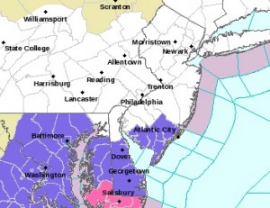 Areas affected by a National Weather Service winter storm advisory.