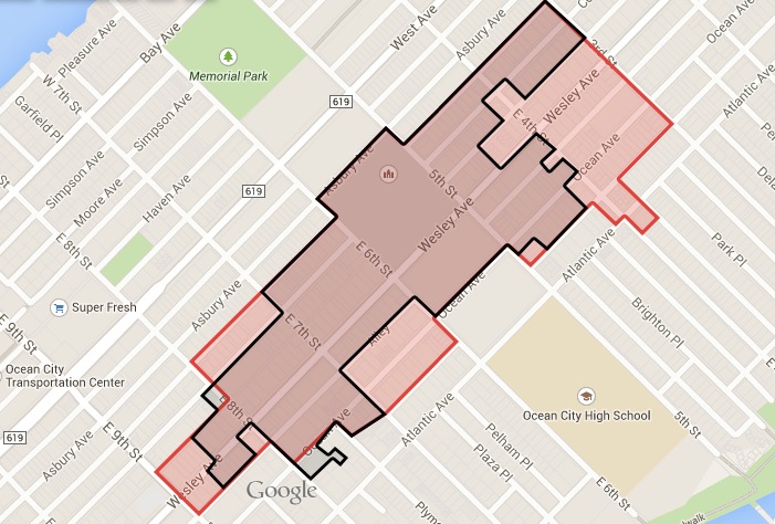 Map shows Ocean City’s local Historic District outlined in red, and the State and National Registers of Historic Places outlined in black. The state map includes a dogleg that encompasses the historic Bellevue Hotel at Eighth Street and Ocean Avenue (which burned to the ground in September 2012). The local map includes an extension drawn to include the historic U.S. Life Saving Station No. 30 at Fourth Street and Atlantic Avenue.