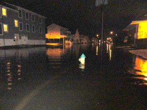 Street flooding covers sidewalks and part of a fire hydrant at the corner of Third Street and West Avenue on Monday night in Ocean City, NJ.