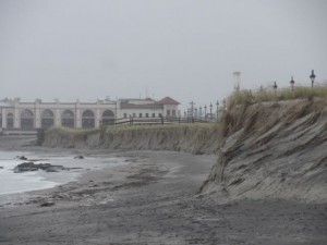 At low tide early Friday morning (Oct. 2), the cliff line along the dunes at Fifth Street and Sixth Street shows the effects of a northeast gale that has been battering the beaches for more than a week.