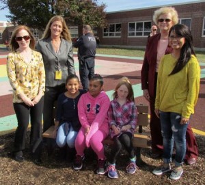 Celebrating the playground’s new equipment, including the Buddy Bench, are, from left, Tricia Ciliberto, President of the Ocean City Education Foundation; Cathleen Smith, OCPS Principal; third-grader Itzel Olmedo-Bautista; third-grader Ingrid Martinez; third-grader Rachel Pates; Dr. Kathleen Taylor, Superintendent of Ocean City School District; Jocelyn Palaganas, President, Ocean City Parent Teacher Association.