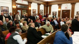 A crowd filled Council Chambers at City Hall on Jan. 13 for a Planning Board hearing on a proposed development adjacent to the Flanders Hotel. 