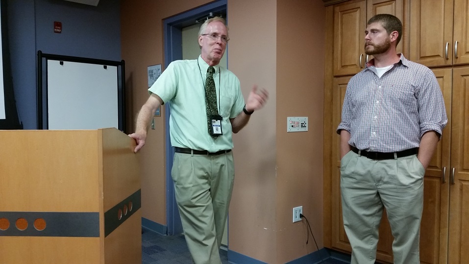 Cape May County Engineer Dale Foster, left, and Brian McFadden, design engineer with Greenman-Pedersen Inc., discuss details of the 34th Street Bridge project.