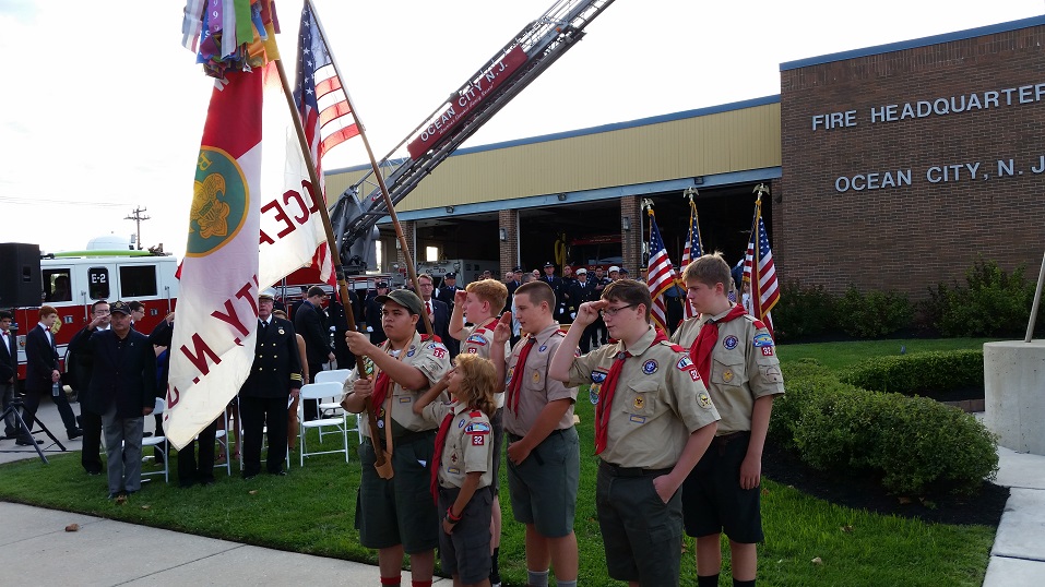 Flag-bearing members of the Ocean City Boy Scouts Troop 32 presented the colors.