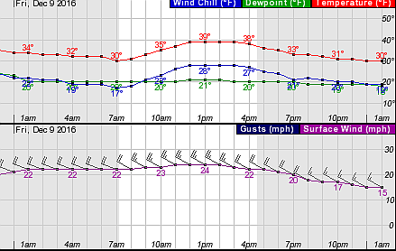 Graphs shows temperatures, wind chill and winds during first blast of cold air this Friday.