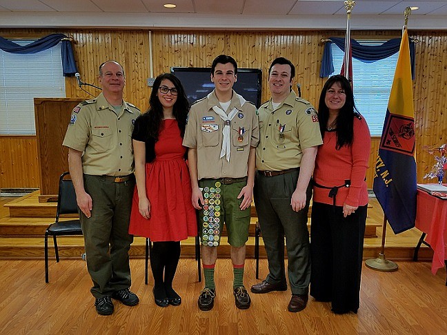  On February 11, Matt Baldini, 18, of Sea Isle City (center), advanced to the rank of Eagle Scout during a Court of Honor ceremony inside the Sea Isle City Community Lodge.  He is show during the ceremony with his father, Paul Baldini (far left), and older brother, Paul Baldini, Jr., who are both Eagle Scouts as well.  Also shown are his sister, Mary Baldini (second from left), and his mother, Heather Baldini.
(Photo provided by Boy Scout Troop 76)
