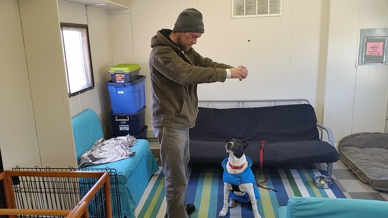 George Muller, the kennel director, teaches some new tricks to Little Max, one of the dogs up for adoption.