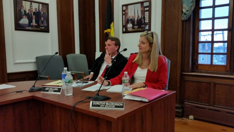 The city is looking to prevent offensive words or drawings, according to Solicitor Dorothy McCrosson, seated next to Mayor Jay Gillian.