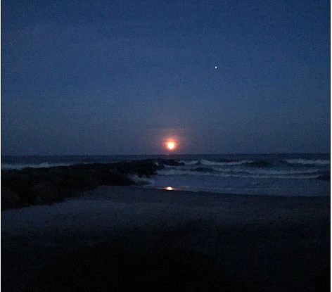 Last nights "pink" moon over the rocks on Surf Road's beach.