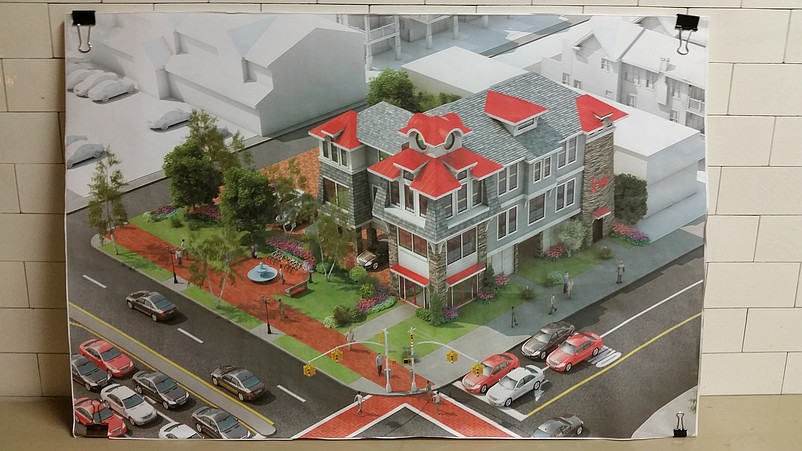 An architectural rendering of the project shows park-like landscaping in front of the proposed office building along Ninth Street.