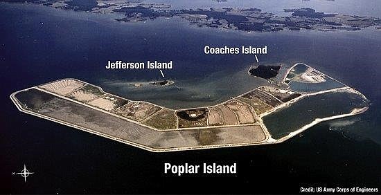 The restoration of Poplar Island in the Chesapeake Bay off Maryland is seen as a model for rebuilding the wetlands at Shooting Island. (Courtesy U.S. Army Corps of Engineers)