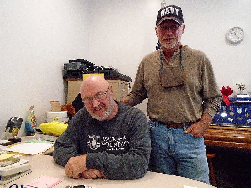 Ocean City American Legion Morvay-Miley Post 524 members Navy veteran Tom Tumelty (seated) and Navy veteran Rob Cozen talk about the post being the first in the country to offer telehealth through the Veteran Affairs.