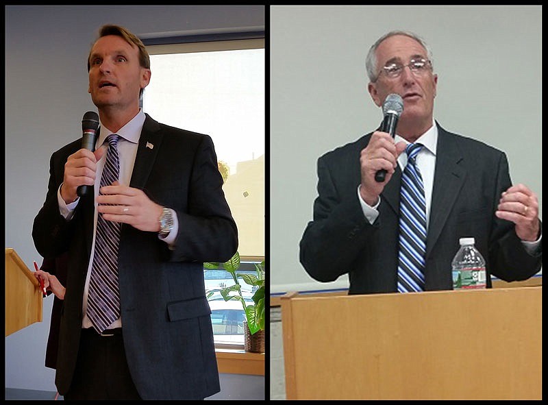 Mayor Jay Gillian, left, and developer John Flood are disputing each other's account of a key legal point about the city's proposed purchase of a large tract of land.