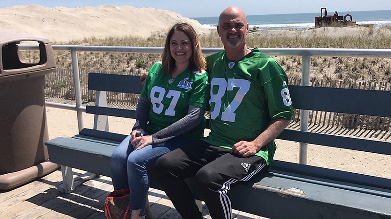 Brent Celek fans Fannie Perrucci of Horsham PA and Kevin Campbell of Exton PA await the motorcade carrying the former Eagles tight end to the memorabilia show at the Music Pier. 