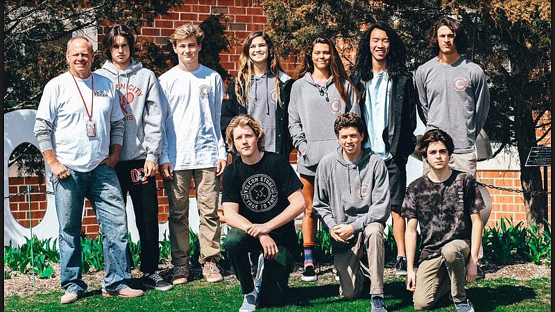  
​Ocean City High School surf team members competing in this years National Championships: (Left to right from back to front) with Coach Mark Miedama, Assistant Coach; Christopher Oliva (not pictured) Evan Couval, ​Joe Kelly, Aspen Lawler, Brynn Bowman, Doug Raab, Dom Monteleone, Calen Connell, Sam Oliva and Nick Brady.
