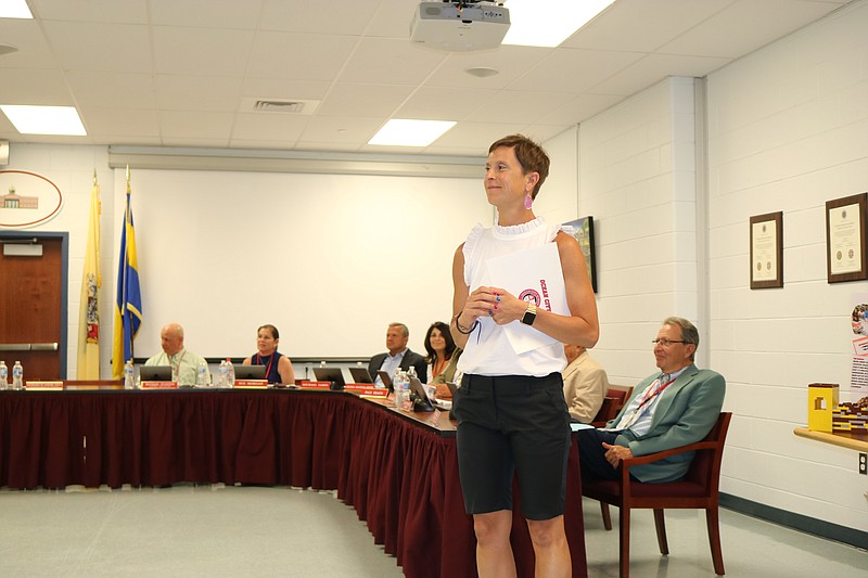 Carrie Merritt appears at a Board of Education meeting in the spring when honored as Cape May County Teacher of the Year. 