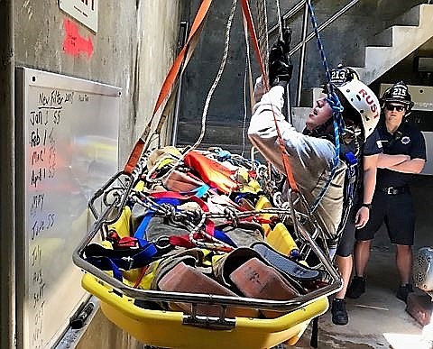 Ocean City and Wildwood firefighters simulate a confined space rescue Thursday. (Photos Courtesy Ocean City Fire Department)