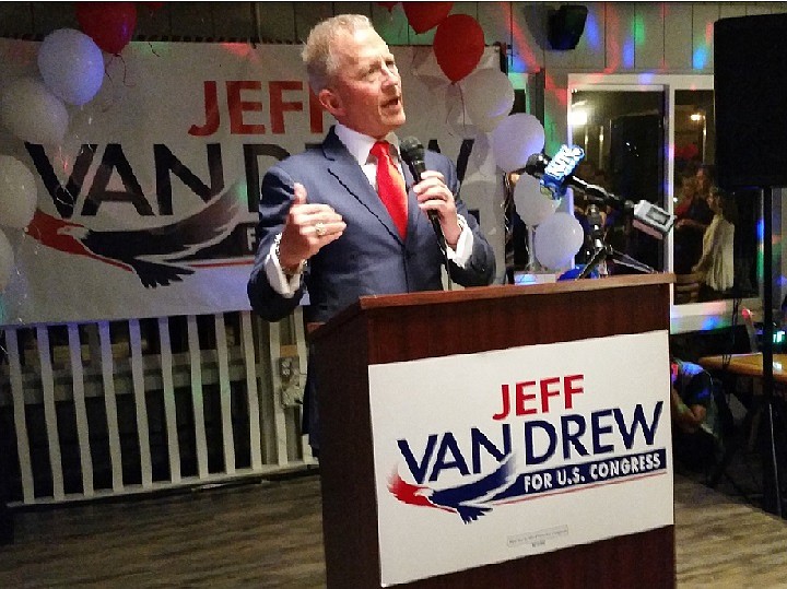 Sen. Jeff Van Drew addresses his supporters during his primary night victory for the Democratic nomination in the Second Congressional District.