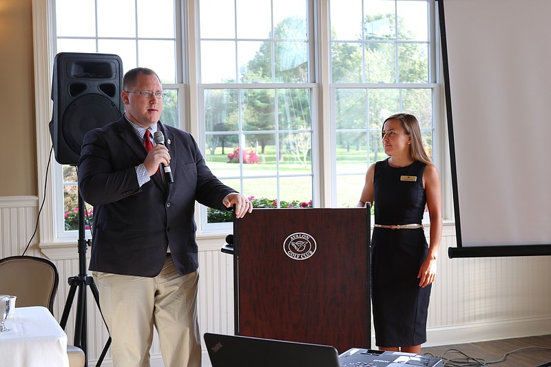 Assemblyman Bob Andrzejczak, standing next to emcee Natalia Wilber, says he will vote no to the use of recreational marijuana during a symposium Tuesday at the Avalon Golf Club. 