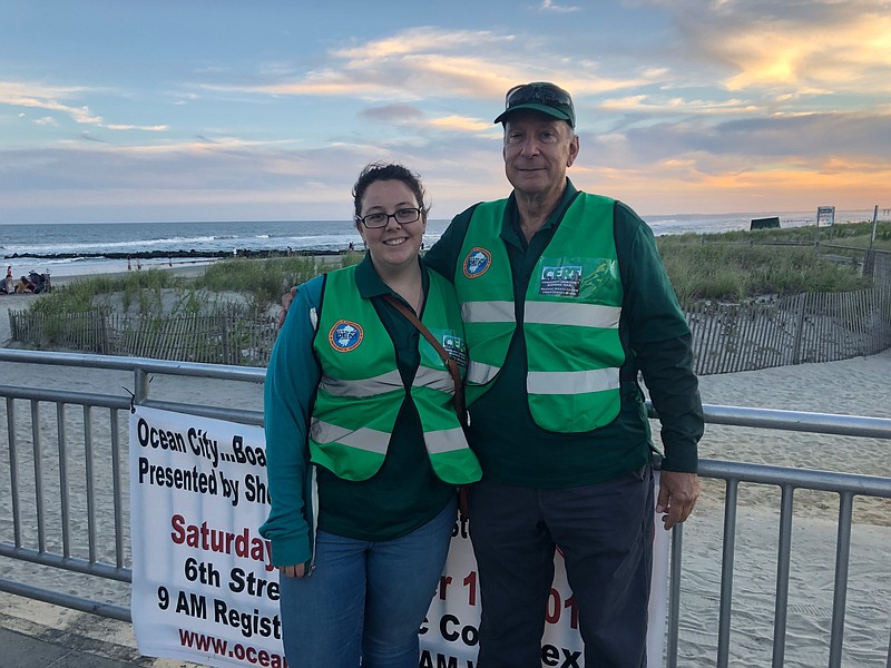 Ocean City CERT member Amanda Doughten and Upper Township CERT member George Westermann prepare to man their positions at the Ocean City Parachute Pyrotechnic Show.