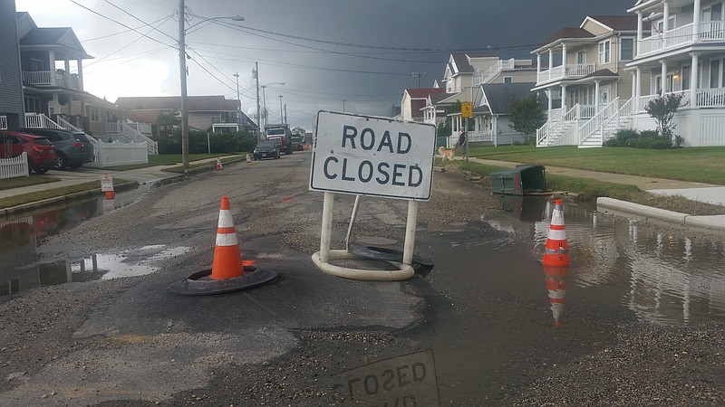 A "Road Closed" sign blocks Simpson Avenue at the intersection of Fourth Street during work this week on the North End Drainage Project.