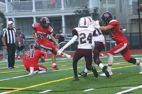 Henry Souto, in action last week against Bridgeton, kicked what proved to be the game-winning field goal in Ocean City’s 9-0 victory over Absegami on Friday. (Courtesy OCHSfootball.com)