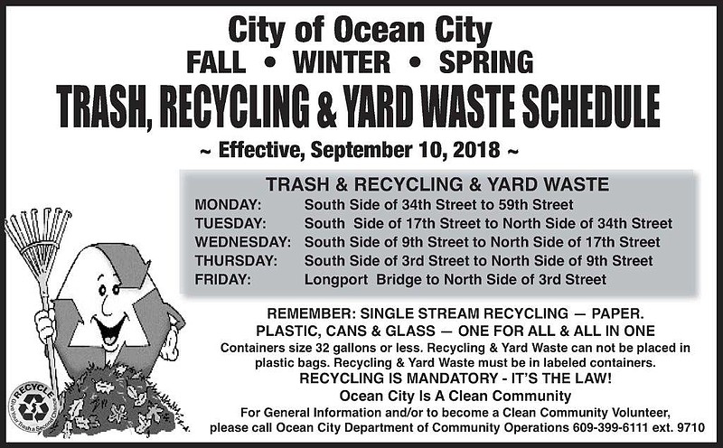 Ocean City's trash and recycling collection schedule for fall, winter and spring.